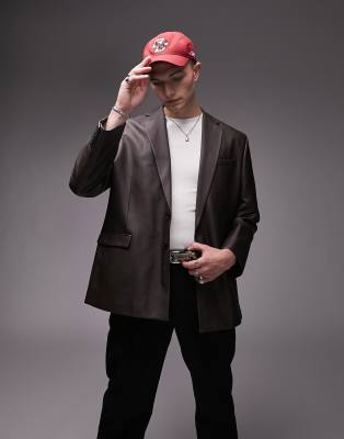 Topman Topman oversized faux leather blazer in brown