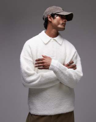 oversized fit boucle polo in cream-White