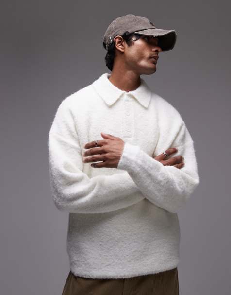 Topman oversized fit boucle polo in cream - view 1