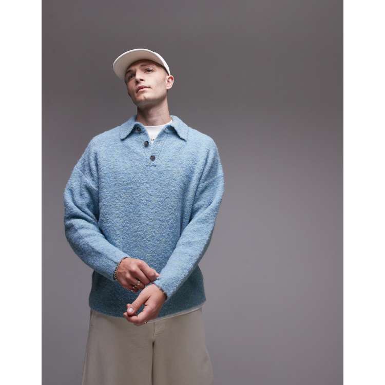 Topman oversized fit boucle polo shirt in heathered blue | ASOS