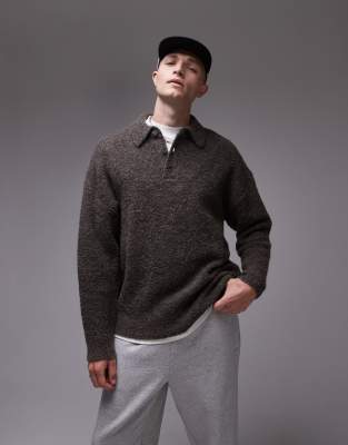 oversized fit boucle polo shirt in heathered brown