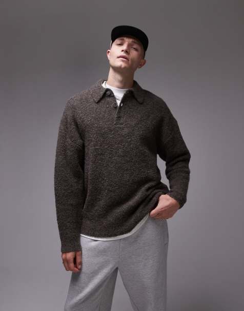 Topman oversized fit boucle polo shirt in heathered brown - view 1
