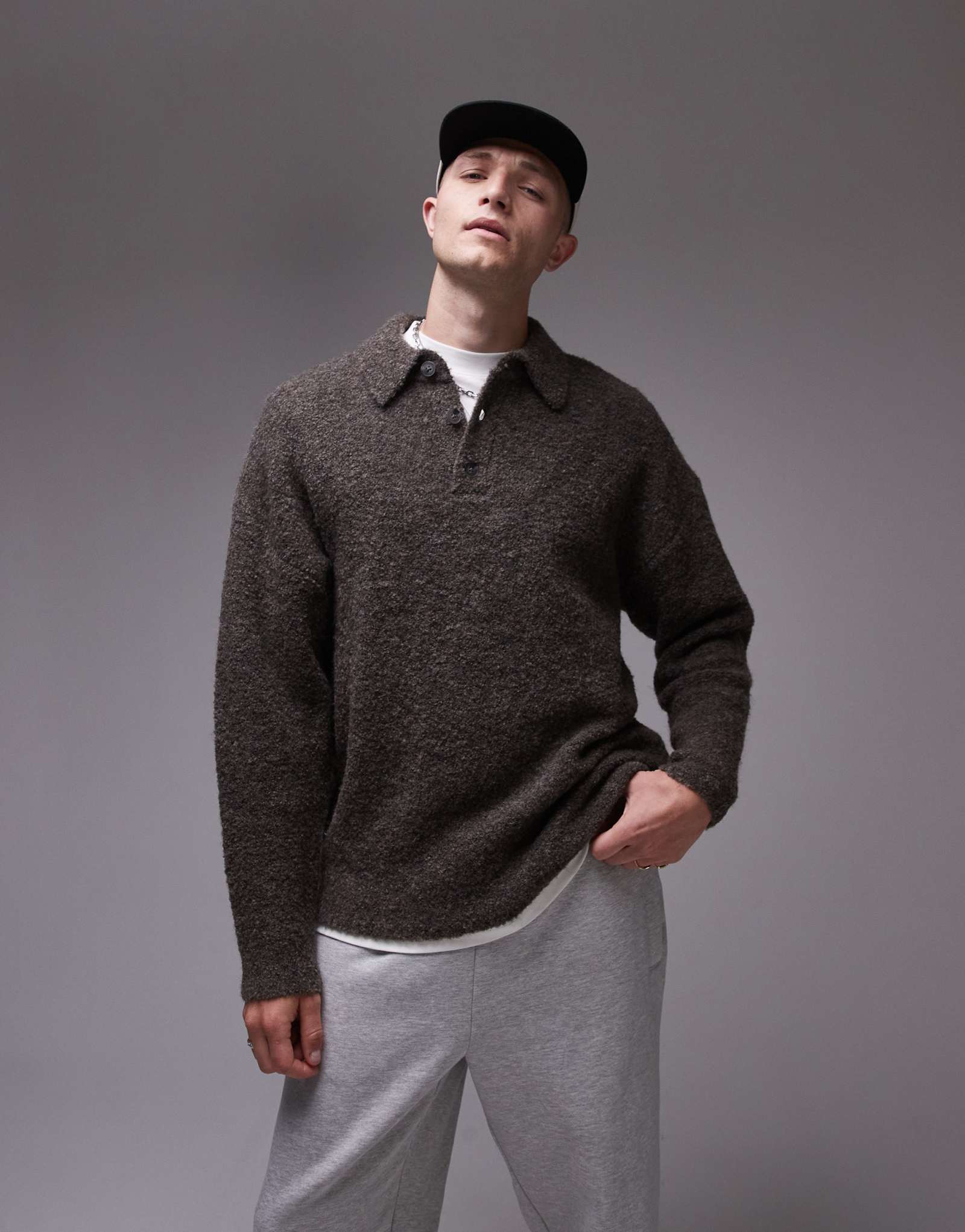 Рубашка-поло Topman oversized fit из буклированной ткани в коричневом цвете