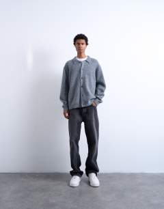 Model wearing Oversized fit button through cardigan in charcoal