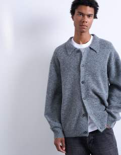 Model wearing Oversized fit button through cardigan in charcoal