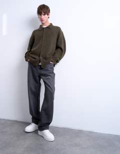 Model wearing Oversized fit button through cardigan in khaki