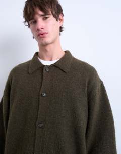 Model wearing Oversized fit button through cardigan in khaki