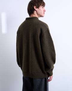 Model wearing Oversized fit button through cardigan in khaki