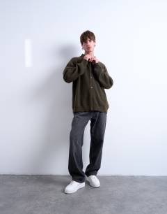 Model wearing Oversized fit button through cardigan in khaki