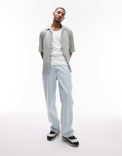 Topman oversized fit button through jersey crochet polo in sage - view 1