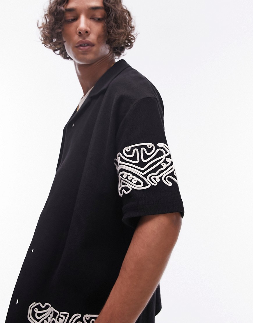 Topman Oversized Fit Button Through Jersey Polo With Embroidery In Black