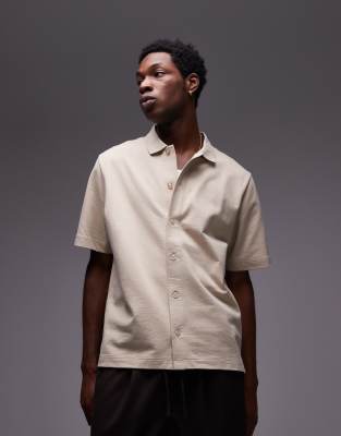 [Topman] Topman oversized fit button through jersey shirt in ecru-Neutral S Ecru