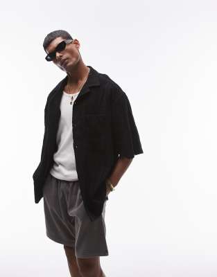 [Topman] Topman oversized fit button through jersey shirt with jacquard in black S BLACK