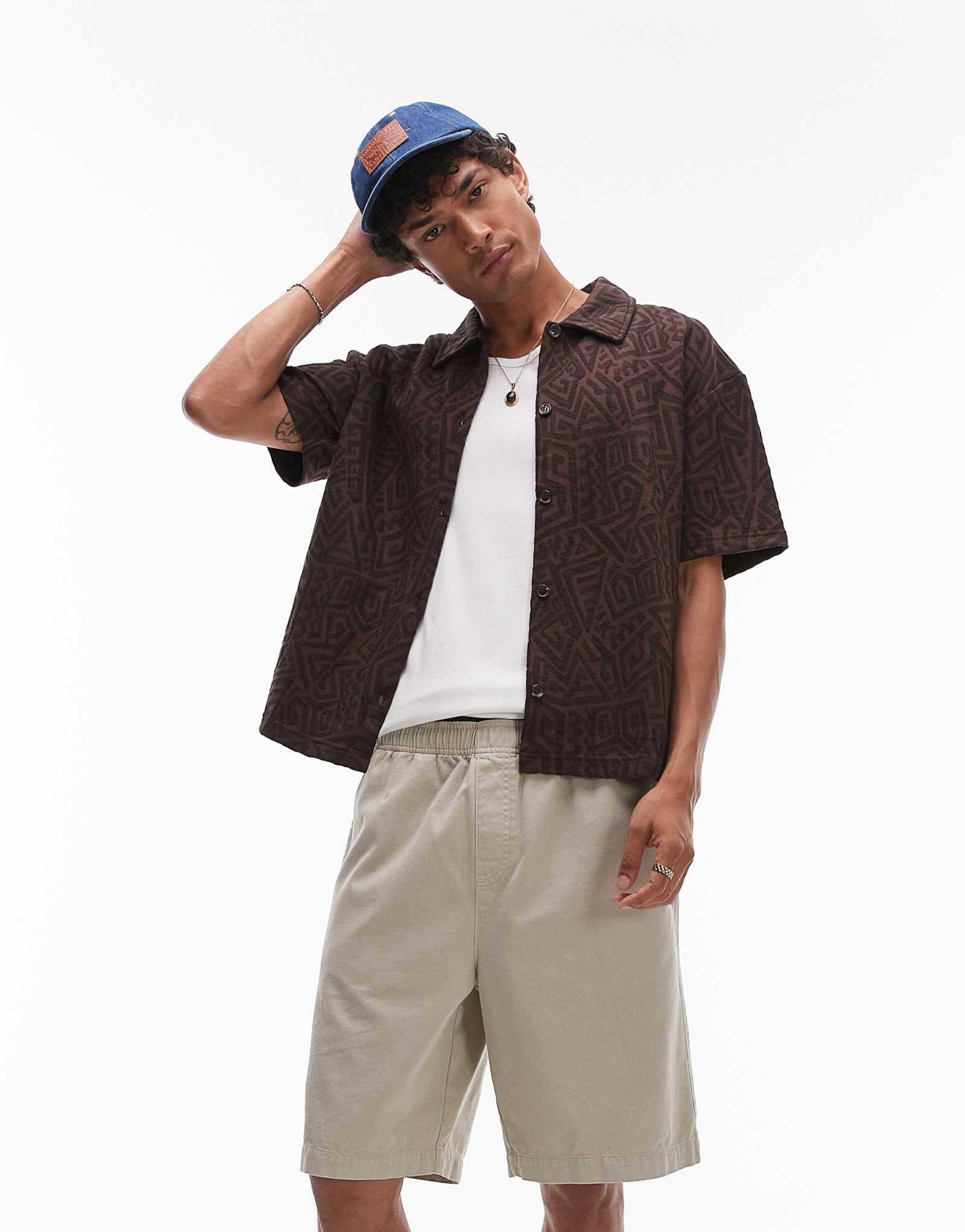 Рубашка из джерси Topman oversize-fit на пуговицах с жаккардом коричневого цвета