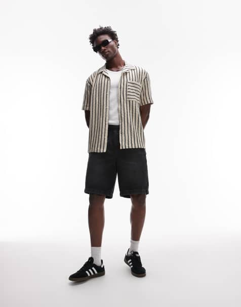 Topman oversized fit button through jersey shirt with knit stripe in stone - view 1
