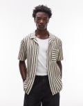 [Topman] Topman oversized fit button through jersey shirt with knit stripe in stone-Neutral XL STONE