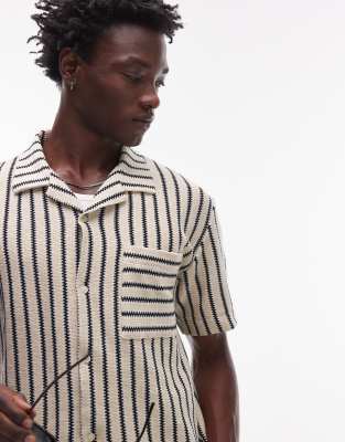 Topman Oversized Fit Button Through Jersey Shirt With Knit Stripe In Gray