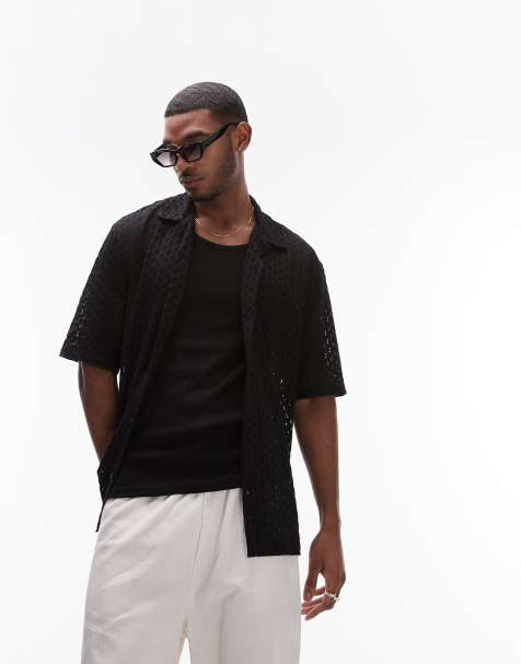 Topman oversized fit button up jersey crochet polo in black - view 1