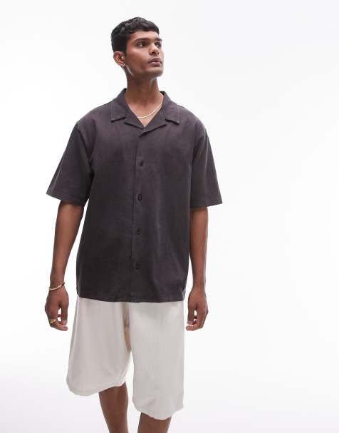 Topman oversized fit button up jersey polo in washed black - view 1