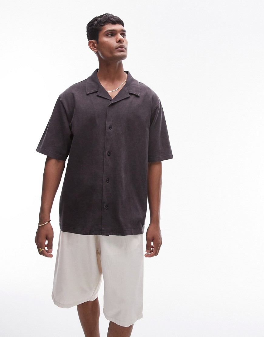 oversized fit button up jersey polo in washed black