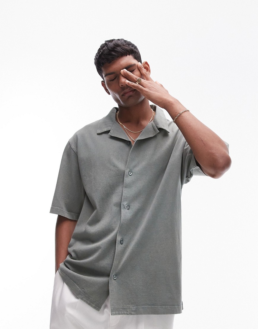 Topman Oversized Fit Button Up Jersey Polo In Washed Sage-green
