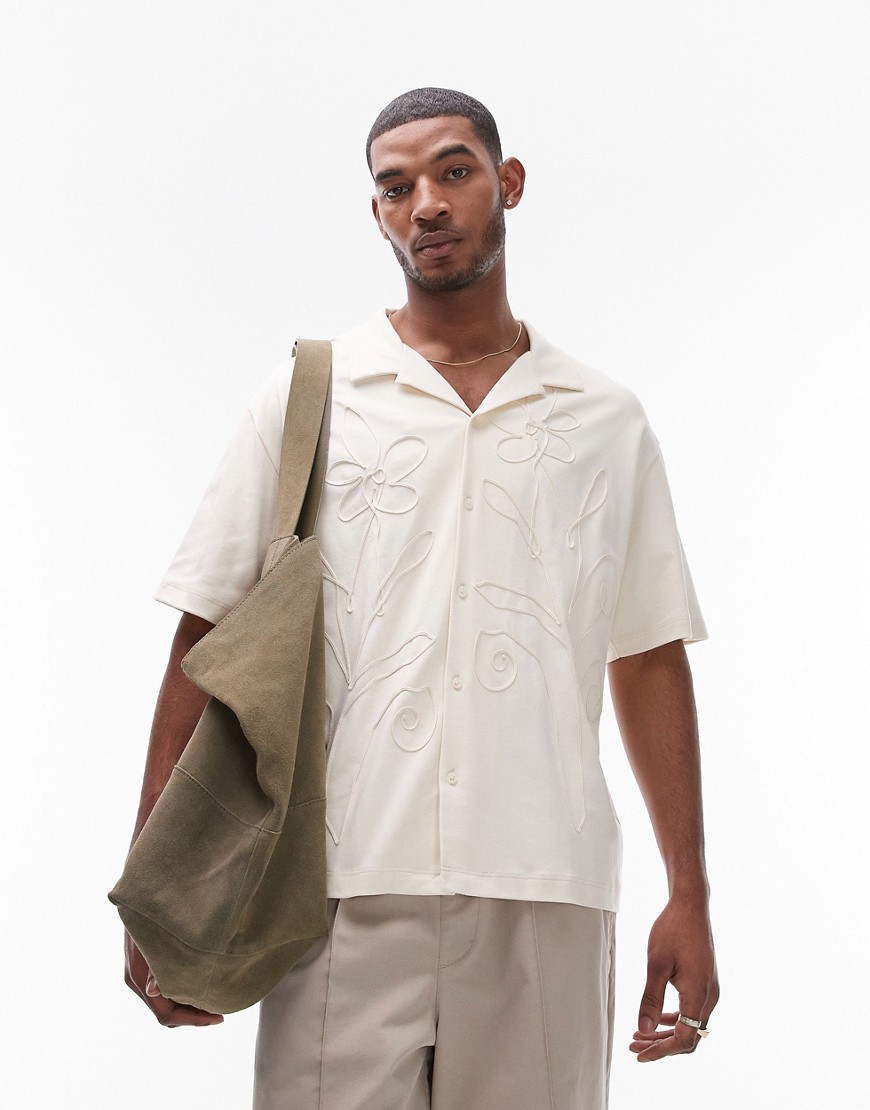 Topman Oversized Fit Button Up Jersey Polo With Embroidery In Ecru-white