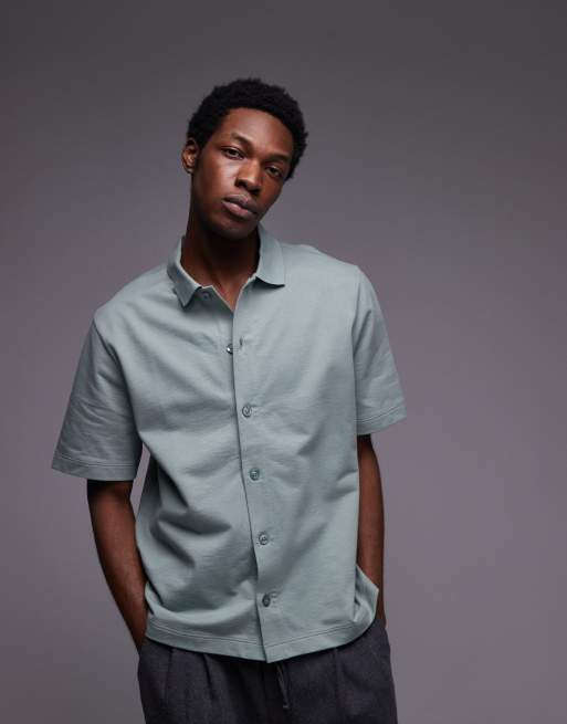 Topman oversized fit button up jersey shirt in sage