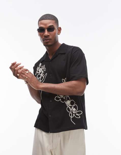 Topman oversized fit button up jersey shirt with embroidery in black - view 1