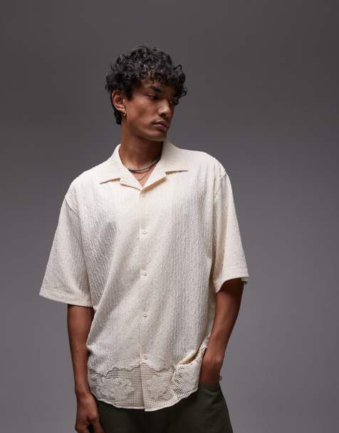 Topman oversized fit button up jersey shirt with lace trim in light stone - view 1