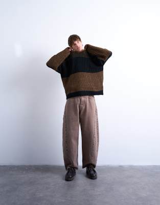 Topman Oversized Fit Color Block Striped Sweater In Brown