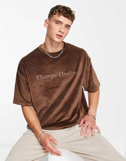 Topman oversized fit cord t-shirt with Champs-Elysees embroidery in brown