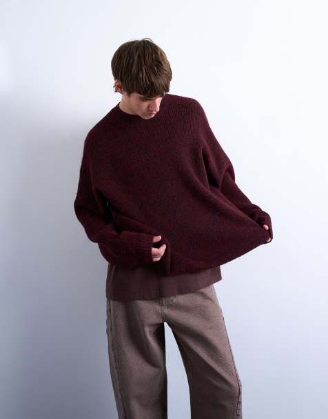 Topman oversized fit crew jumper in burgundy - view 1