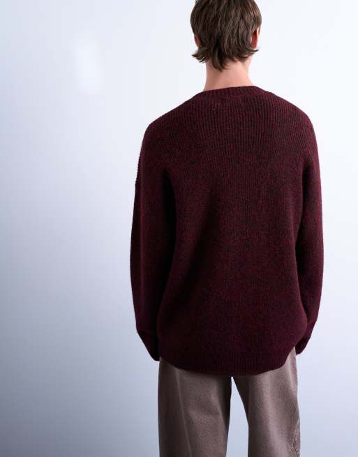 Topman oversized fit crew jumper in burgundy, 3 of 5