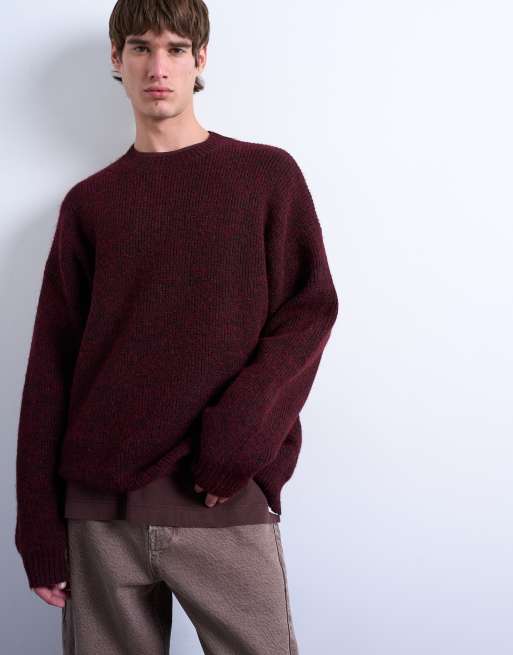 Topman oversized fit crew jumper in burgundy, 5 of 5