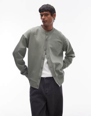 Topman Oversized Fit Crew Neck Cardigan In Sage-green