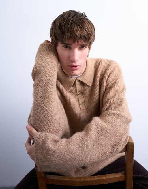 Topman oversized fit crew neck polo shirt in stone