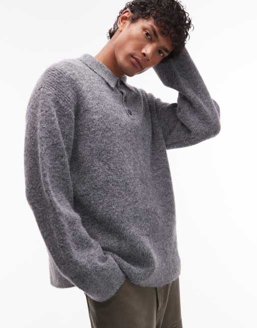 Topman oversized fit crew polo top in charcoal