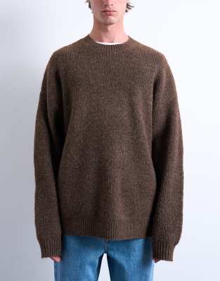 Topman Oversized Fit Crew Sweater In Brown