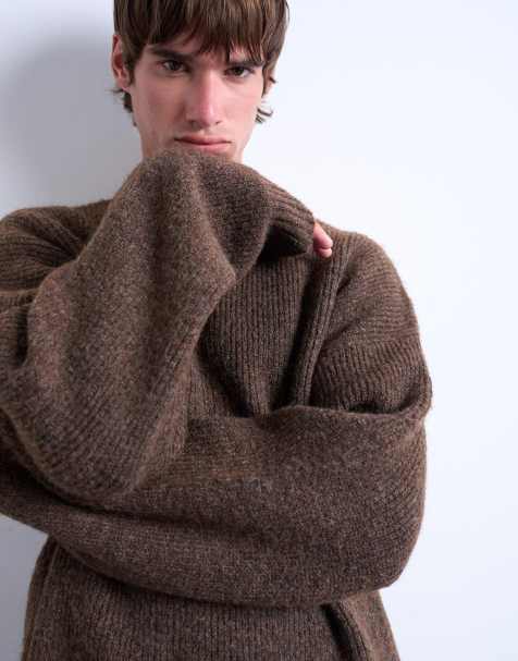 Topman oversized fit crew sweater in brown - view 1