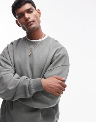 oversized fit crew sweatshirt in washed sage-Green