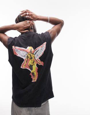 Topman oversized fit cut off sleeve tank with front and back Nirvana angel print in washed black - ASOS Price Checker