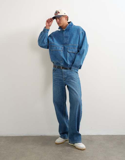 Topman oversized fit denim jacket with funnel neck in mid wash, 2 of 5