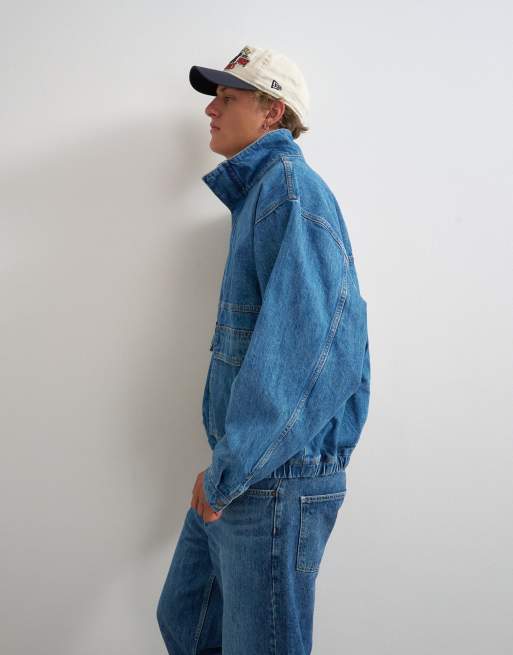 Topman oversized fit denim jacket with funnel neck in mid wash, 5 of 5
