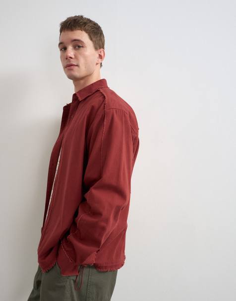 Topman oversized fit distressed twill shirt with cinch detail in burnt red - view 1