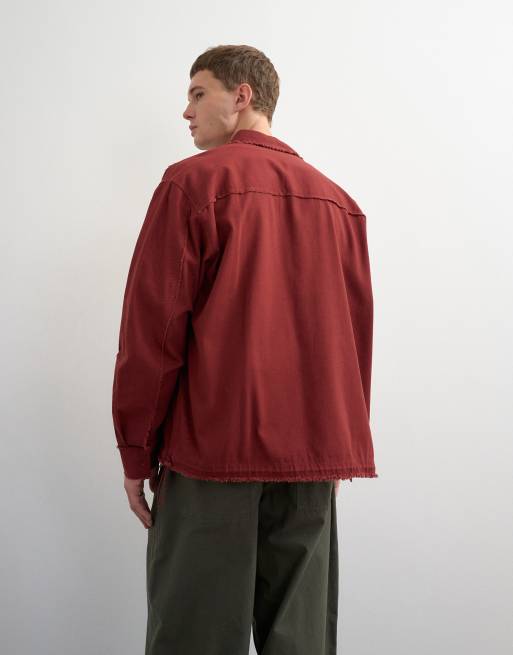 Topman oversized fit distressed twill shirt with cinch detail in burnt red, 2 of 5