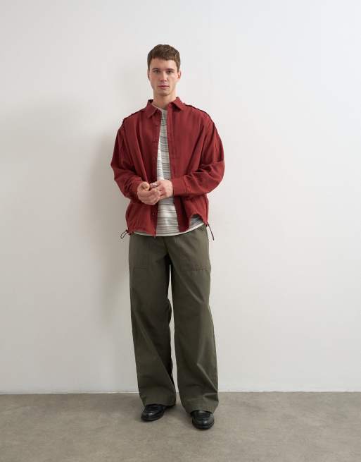 Topman oversized fit distressed twill shirt with cinch detail in burnt red, 3 of 5