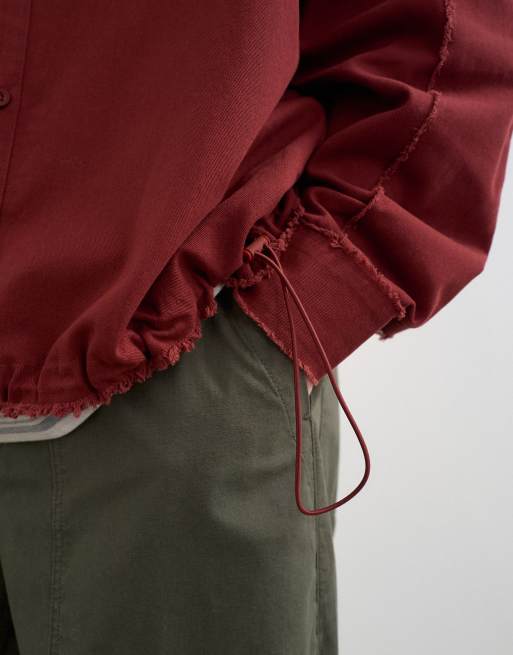 Topman oversized fit distressed twill shirt with cinch detail in burnt red, 4 of 5
