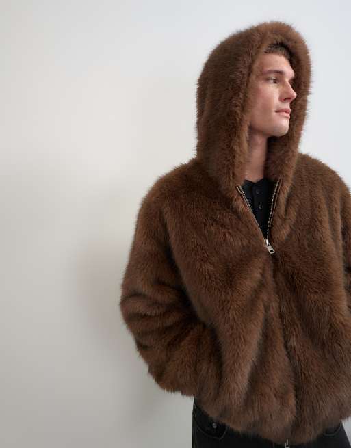 Topman oversized fit faux-fur jack met capuchon in bruin, 3 van 5