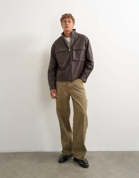 Topman oversized fit faux leather 1/4 zip funnel neck jacket in brown - view 1