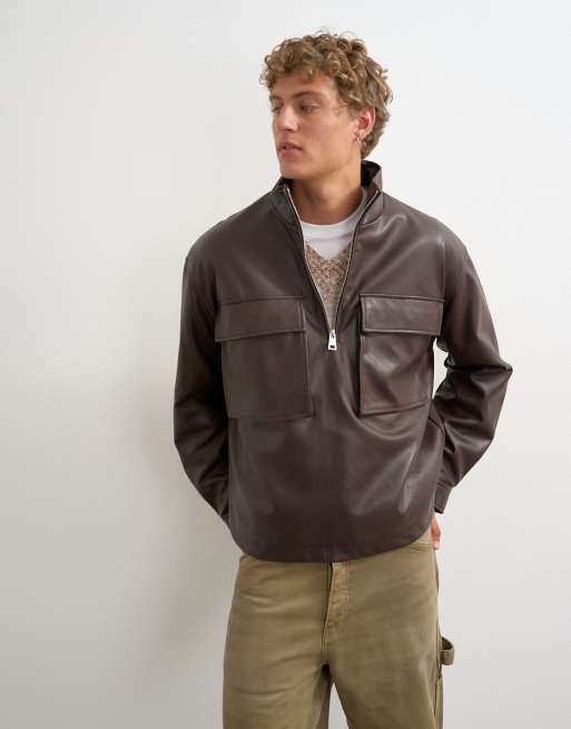 Topman oversized fit faux leather 1/4 zip funnel neck jacket in brown, 2 of 5